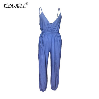 Salopetă de femeie sexy, fără mâneci, denim Kowell, salopetă de vară, cu gât în V adânc, cu bretele fără spate, salopetă lungă pentru fitness, club de petrecere
