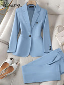 Yitimuceng Costume albastre pentru femei 2023 la modă cu mânecă lungă pentru damă de birou Blazer cu un singur buton Pantaloni șic cu talie înaltă Set 2 piese