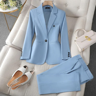 Yitimuceng Costume albastre pentru femei 2023 la modă cu mânecă lungă pentru damă de birou Blazer cu un singur buton Pantaloni șic cu talie înaltă Set 2 piese