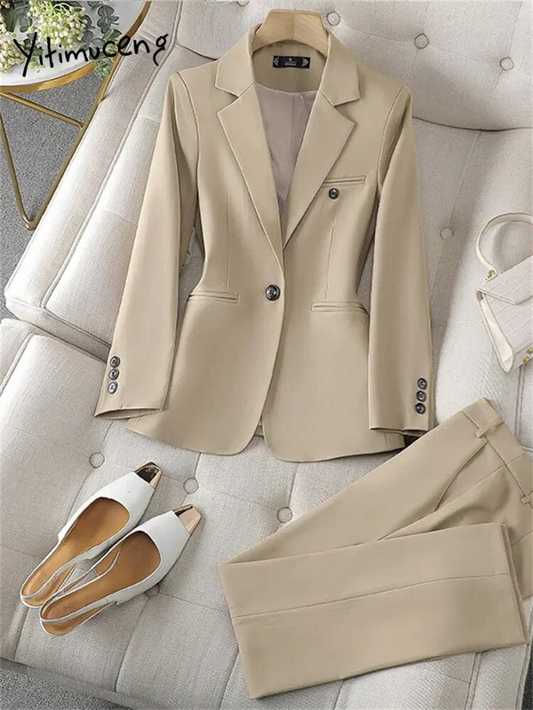 Yitimuceng kék női öltönyök 2023 divatos, hosszú ujjú irodai női egygombos blézer elegáns, magas derekú nadrág, 2 részes szett