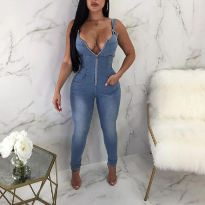 OKAYOASIS Denim Jumpsuits Teksad Naine Suvine Varrukateta Seljata kombinesoon Tasku ees Tõmblukuga Spagetid Rihmaga Jumpsuit