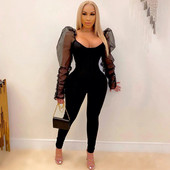 Salopete sexy pentru femei Salopetă elegantă din plasă cu mâneci bufante Skinny Bodycon Romper Party Club Ținute dintr-o bucată Salopete pentru femei