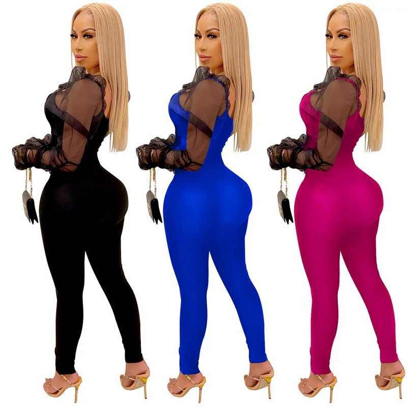 Salopete sexy pentru femei Salopetă elegantă din plasă cu mâneci bufante Skinny Bodycon Romper Party Club Ținute dintr-o bucată Salopete pentru femei