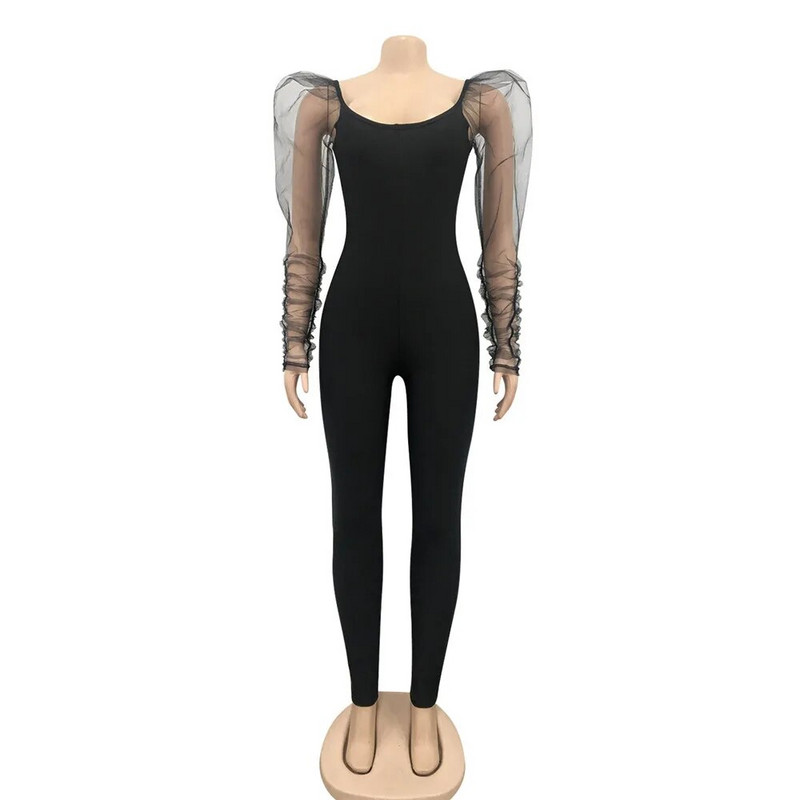 Salopete sexy pentru femei Salopetă elegantă din plasă cu mâneci bufante Skinny Bodycon Romper Party Club Ținute dintr-o bucată Salopete pentru femei