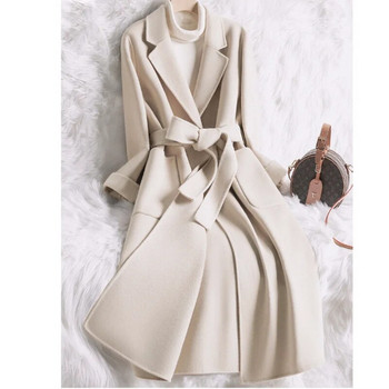 Γυναικείο παλτό από κασμίρ διπλής όψης αδυνατίσματος, μεσαίο παλτό 2023, νέο μπεζ ιδιοσυγκρασία, μονόχρωμο μάλλινο παλτό φθινοπώρου και χειμώνα