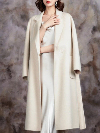 Γυναικείο παλτό από κασμίρ διπλής όψης αδυνατίσματος, μεσαίο παλτό 2023, νέο μπεζ ιδιοσυγκρασία, μονόχρωμο μάλλινο παλτό φθινοπώρου και χειμώνα