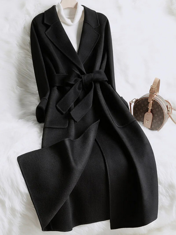 Fogyókúrás kétoldalas kasmír kabát női középhosszú 2023 új bézs temperamentum karcsúsított őszi és téli gyapjúkabát