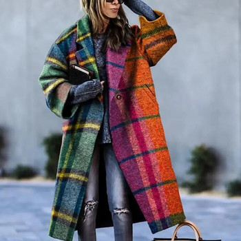 Χειμερινά Ρούχα Γυναικεία Color Blocking Καρό μακρυμάνικο παλτό πέτο με στάμπα Dragon and Phoenix Woolen Coat Casual Street Clothes