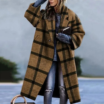 Зимни дрехи Дамско карирано палто с дълги ръкави и ревери, блокиращо цветовете, Вълнено палто с принт с дракон и феникс Ежедневни улични дрехи