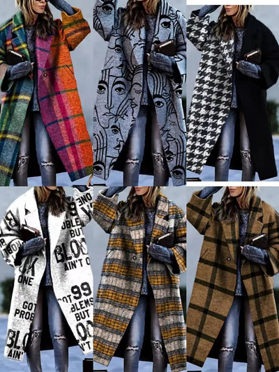 Зимни дрехи Дамско карирано палто с дълги ръкави и ревери, блокиращо цветовете, Вълнено палто с принт с дракон и феникс Ежедневни улични дрехи