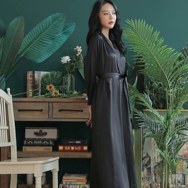 Ženski kućni kućni ogrtač Ultra dugi kimono ogrtač od punog satena Kućna odjeća Ženska seksi spavaćica Kupatilo Salonske haljine