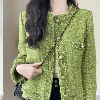 2023 Ново есенно-зимно корейско едноредно късо палто от туид Дамско връхно облекло с дълъг ръкав в зелено