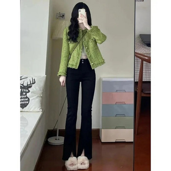 2023 Νέο Φθινοπωρινό Χειμερινό Κορεάτικο κοντό γυναικείο παλτό τουίντ μακρυμάνικο Vintage Πράσινα Casual Μπουφάν Γυναικεία εξωτερικά ενδύματα