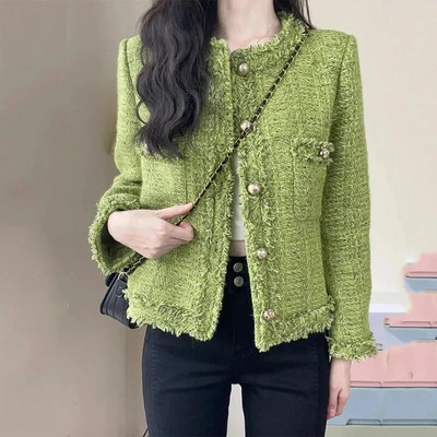 2023 New Autumn Winter Korean Single-Breasted Short Tweed Coat Women Long Sleeve Vintage Green Casual Jackets Female Outerwear