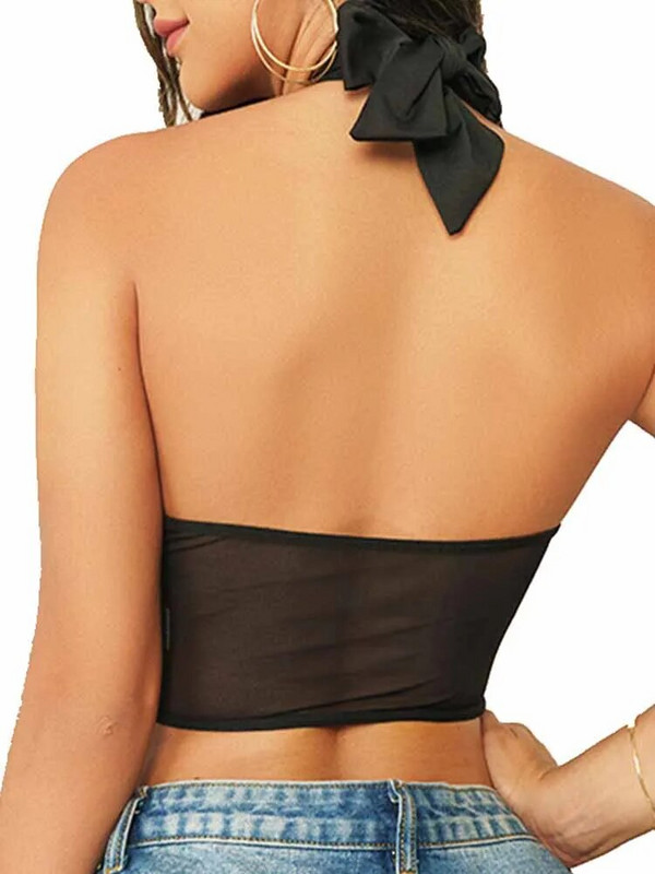 Sexy Cross Halter Korsetas Bustier Tinklinės kaulinės viršutinės dalies moterims, surišamos, apvyniotos, plonos, iškirptos priekinės viršutinės dalies.