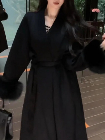 Κομψό γυναικείο μάλλινο παλτό μακρυμάνικο κορεατικά μόδας Vintage μπουφάν Μασίφ, λεπτές τσέπες Casual 2023 Νέα φθινοπωρινά χειμωνιάτικα παλτό