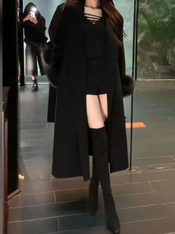 Елегантно дамско вълнено палто с дълъг ръкав, корейска мода, винтидж якета, плътни, тънки джобове, ежедневни нови есенно-зимни палта за 2023 г.