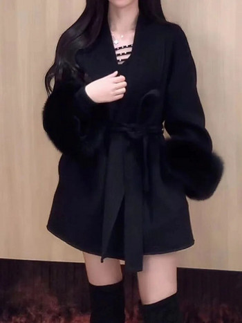 Елегантно дамско вълнено палто с дълъг ръкав, корейска мода, винтидж якета, плътни, тънки джобове, ежедневни нови есенно-зимни палта за 2023 г.