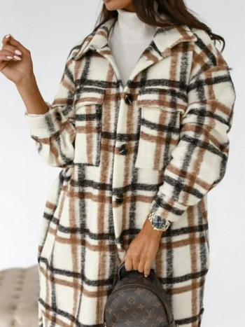 Дамско облекло Вълнено карирано яке с дълъг ръкав Дамско облекло Тренч Модно топло палто със средна дължина Есен Зима Удебеляване