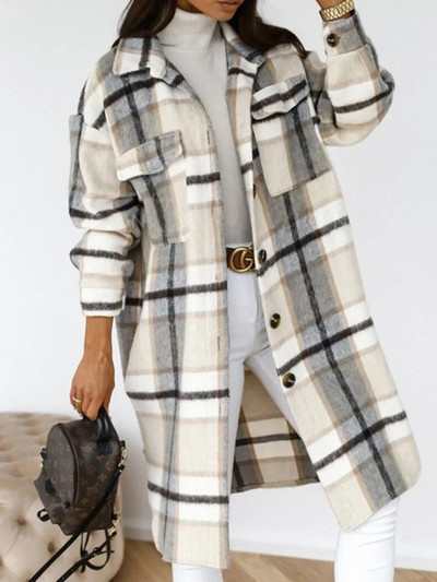 Дамско облекло Вълнено карирано яке с дълъг ръкав Дамско облекло Тренч Модно топло палто със средна дължина Есен Зима Удебеляване