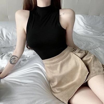 Seksi majica bez rukava, jednobojne kratke majice s halterima, ženske ljetne majice s dolčevitima i ovratnikom, modne ležerne kratke ženske majice bez rukava
