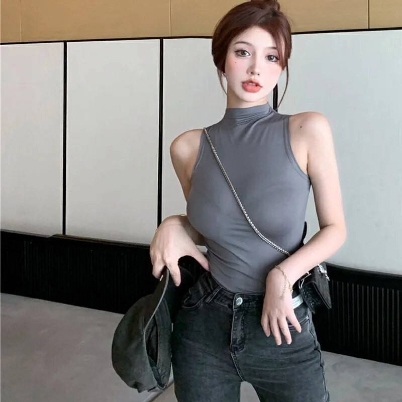 Seksi majica bez rukava, jednobojne kratke majice s halterima, ženske ljetne majice s dolčevitima i ovratnikom, modne ležerne kratke ženske majice bez rukava