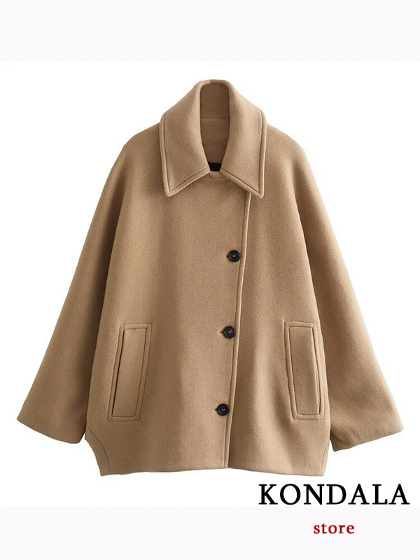 KONDALA Casual Vintage Chic Γυναικείο παλτό Camel Solid τσέπες Μονό στήθος Κοντό φαρδύ παλτό Μόδα Φθινοπωρινό χειμερινό παλτό 2023
