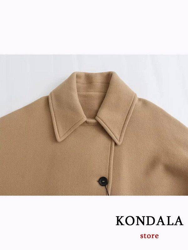 KONDALA Casual Vintage Chic Γυναικείο παλτό Camel Solid τσέπες Μονό στήθος Κοντό φαρδύ παλτό Μόδα Φθινοπωρινό χειμερινό παλτό 2023