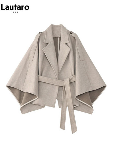 Lautaro Autumn Winter Loose Stylish Luxury Short Soft Woolen Capes for Women Tie Waist Vintage Sleeveless Cloak Coat Women 2022