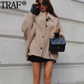 TRAF Camel Cape Preveliki kaput za žene Kratki kaput od umjetne vune Ženska zima, jesen, novo u jaknama Topli ženski kaputi