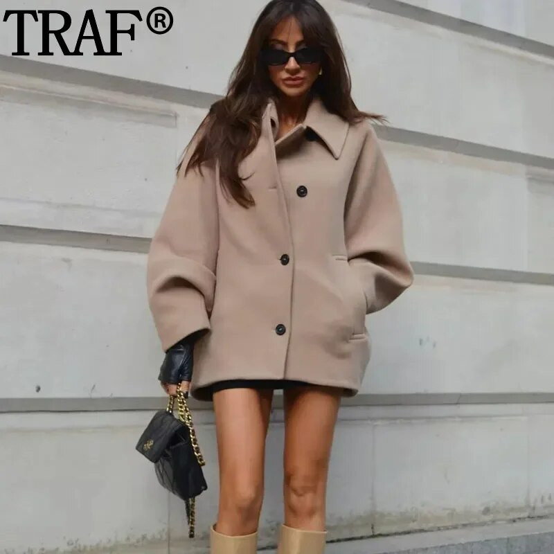 TRAF Camel Cape Preveliki kaput za žene Kratki kaput od umjetne vune Ženska zima, jesen, novo u jaknama Topli ženski kaputi