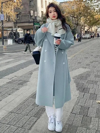 Дамско плътно дълго вълнено палто с връзки Корейско свободно модно двуредно реверче Дамско есенно-зимно топло дамско палто Популярно