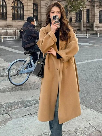 Γυναικεία μακρύ μάλλινο παλτό με μονόχρωμο κορεάτικο παλτό με διπλό στήθος γυναικείο φθινοπωρινό χειμώνα, ζεστά γυναικεία πανωφόρια δημοφιλή