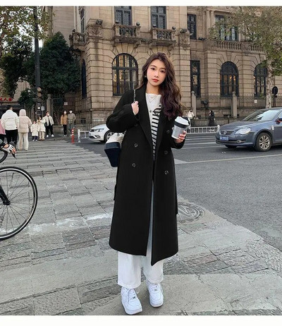 Moteriškas suvarstytas ilgas vilnonis paltas Korėjietiškas laisvas mados dvieilis atvartas Moteriškas rudens žiemos šiltas moteriškas paltas Populiarus