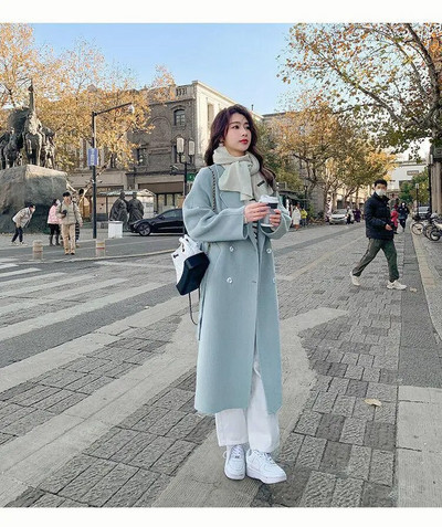 Moteriškas suvarstytas ilgas vilnonis paltas Korėjietiškas laisvas mados dvieilis atvartas Moteriškas rudens žiemos šiltas moteriškas paltas Populiarus