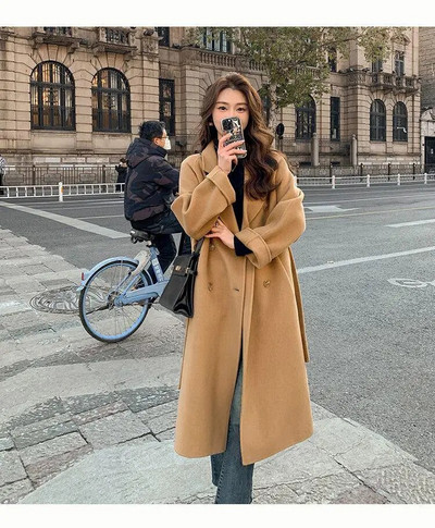 Moteriškas suvarstytas ilgas vilnonis paltas Korėjietiškas laisvas mados dvieilis atvartas Moteriškas rudens žiemos šiltas moteriškas paltas Populiarus