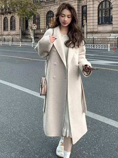 Women Solid Lace Up Long Woolen Coat Korean Loose Fashion Double-breasted Lapel Female Autumn Winter Warm Lady Overcoats Popular