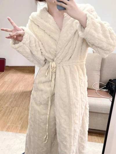 Ženski ženski kućni ogrtač od flisa, jednobojni ženski kućni ogrtač s kapuljačom, topli topli jacquard kimono, spavaćica na vezanje za žene