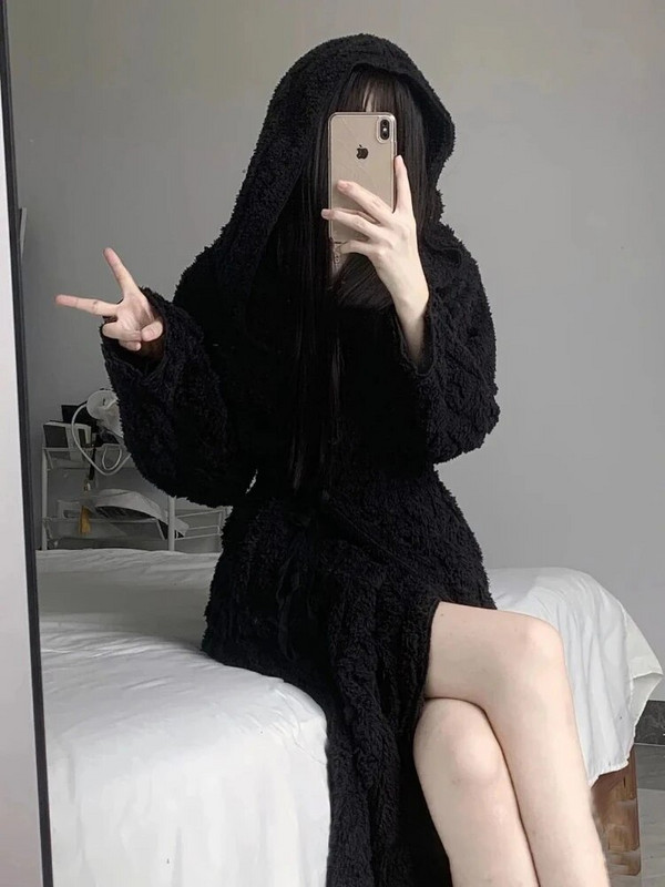 Ženski ženski kućni ogrtač od flisa, jednobojni ženski kućni ogrtač s kapuljačom, topli topli jacquard kimono, spavaćica na vezanje za žene