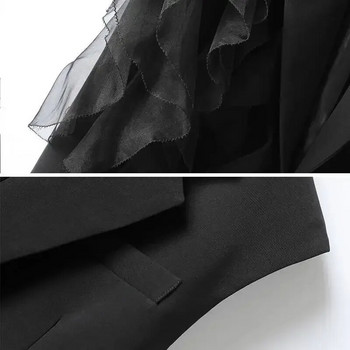 Дамски чист цвят Черен костюм Жилетка Жилетка Дамска лято 2023 г. Нова корейска мода Шифон Дълъг жилетка с уши от шифон