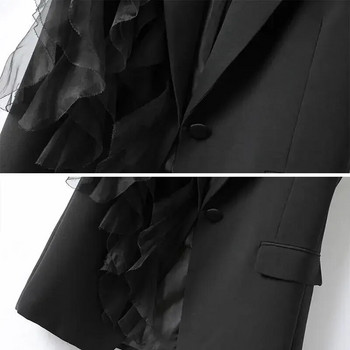 Дамски чист цвят Черен костюм Жилетка Жилетка Дамска лято 2023 г. Нова корейска мода Шифон Дълъг жилетка с уши от шифон