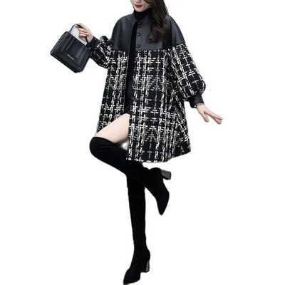 Women`s Woolen Coat 2022 Autumn Winter New Loose PU Stitching Tweed Plaid Woolen Coat Mid-Length Casual Leather Jacket  Outerwea