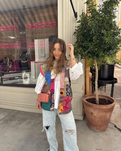 Broderie imprimeu patchwork femei vestă din bumbac cu centură deschisă față fără mâneci cu decolteu în V tanc doamnă 2023 toamnă șic casual streetwear
