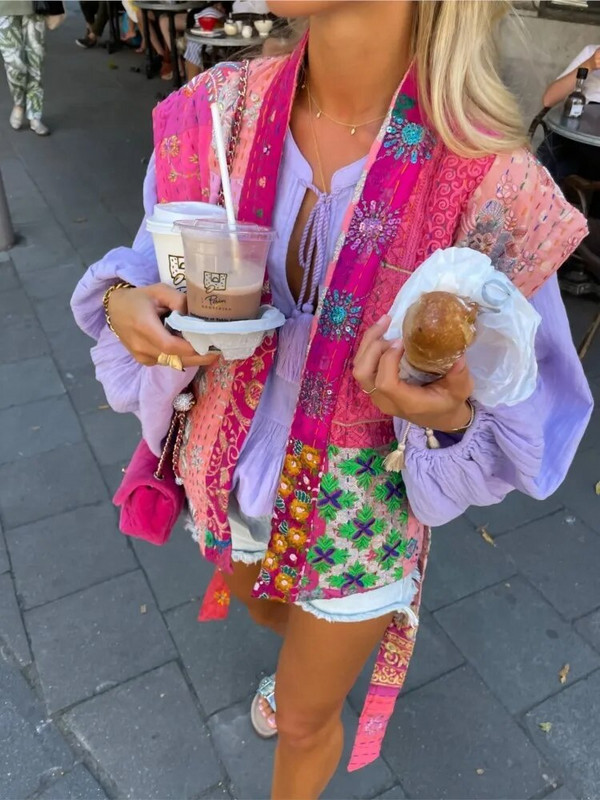 Broderie imprimeu patchwork femei vestă din bumbac cu centură deschisă față fără mâneci cu decolteu în V tanc doamnă 2023 toamnă șic casual streetwear