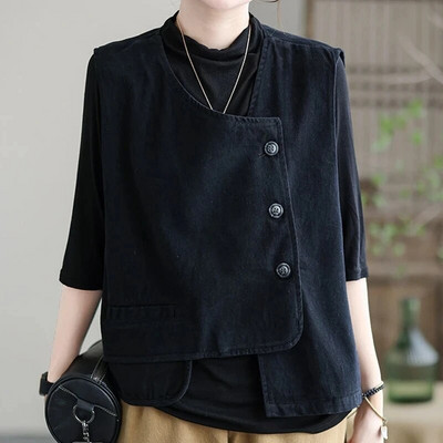 Liemenės, moteriškos senovinės kišeninės, retro stiliaus, laisvalaikio gatvės drabužiai su viena krūtine, 2023 m. Nauja pavasario, vasaros berankovių liemenė