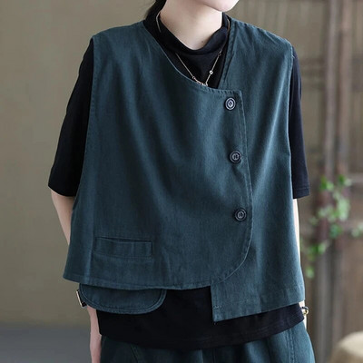 Liemenės, moteriškos senovinės kišeninės, retro stiliaus, laisvalaikio gatvės drabužiai su viena krūtine, 2023 m. Nauja pavasario, vasaros berankovių liemenė