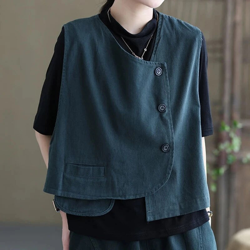 Liemenės, moteriškos senovinės kišeninės, retro stiliaus, laisvalaikio gatvės drabužiai su viena krūtine, 2023 m. Nauja pavasario, vasaros berankovių liemenė