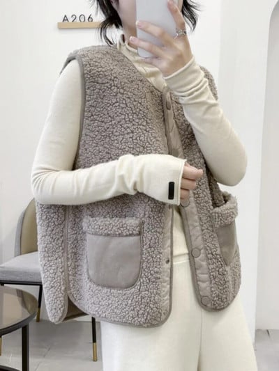 Liemenė moterims 2023 m. rudens O kaklo nauja striukė be rankovių korėjietiška šilta pliušinė striukė Laisvi laisvalaikio temperamento moteriški drabužiai