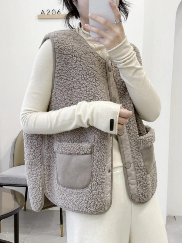 Liemenė moterims 2023 m. rudens O kaklo nauja striukė be rankovių korėjietiška šilta pliušinė striukė Laisvi laisvalaikio temperamento moteriški drabužiai