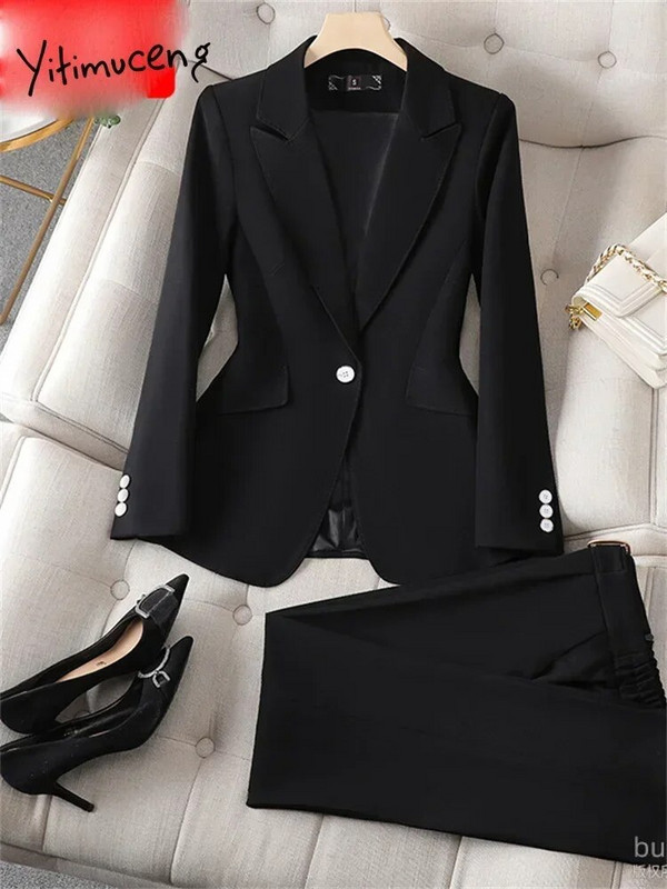 Yitimuceng biuro moteriški dviejų dalių komplektai Moteriški kostiumai 2023 m. Nauji vieno mygtuko atlenkiami apykaklės švarkai Laisvi laisvalaikio kelnių kostiumai